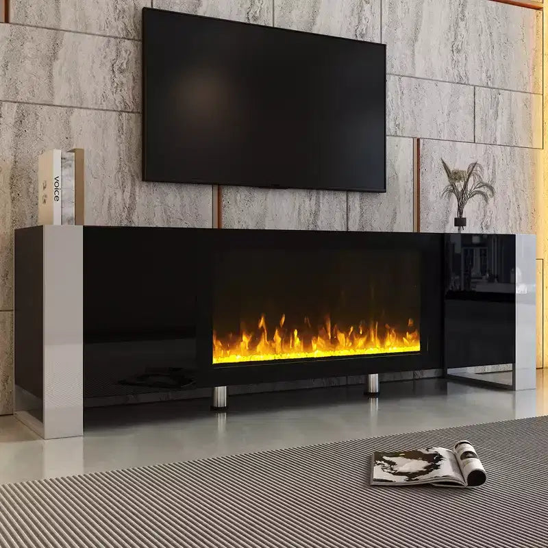 Meuble TV moderne pour téléviseurs jusqu'à 78 po avec foyer électrique décoratif et 2 armoires