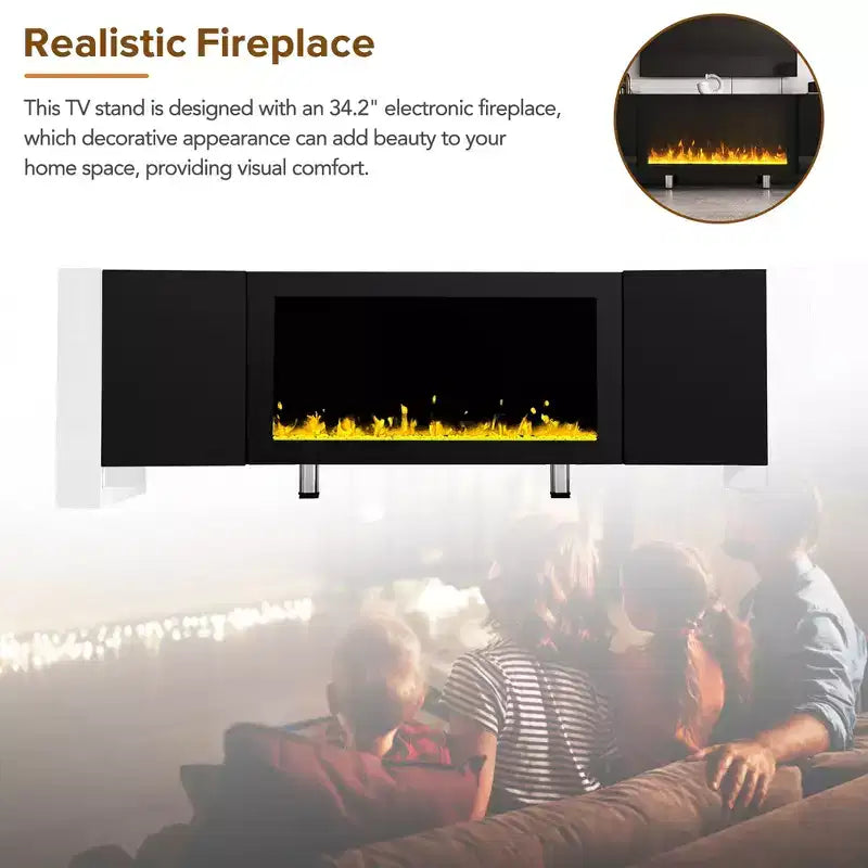 Meuble TV moderne pour téléviseurs jusqu'à 78 po avec foyer électrique décoratif et 2 armoires