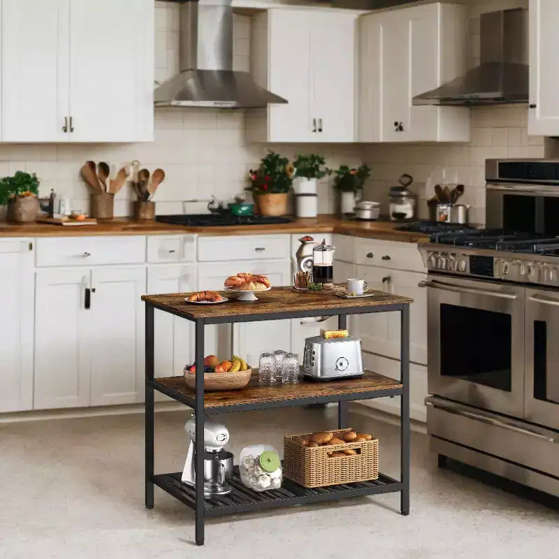Industrial Style Kitchen Island with Large Worktop and 3-Tier Storage Shelves - Easy Assembly, Versatile Design