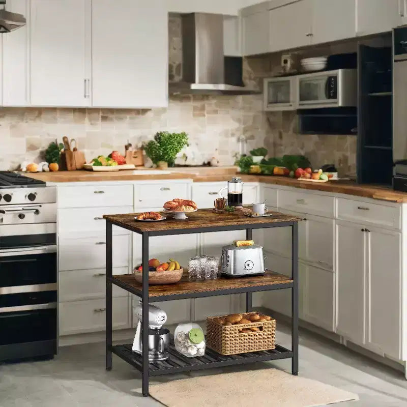 Îlot de cuisine de style industriel avec grand plan de travail et étagères de rangement à 3 niveaux - Montage facile, conception polyvalente