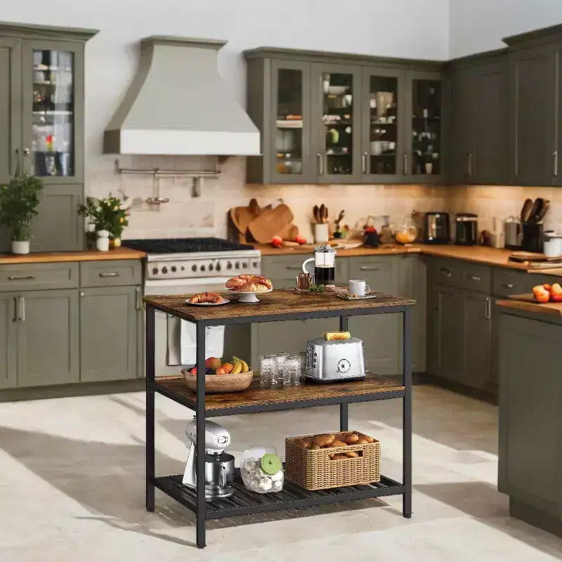 Îlot de cuisine de style industriel avec grand plan de travail et étagères de rangement à 3 niveaux - Montage facile, conception polyvalente