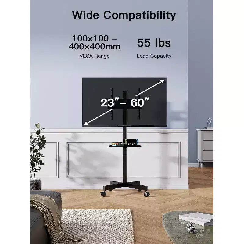 Meuble TV mobile avec roulettes pour téléviseurs LCD/LED/OLED 23-60 pouces, étagère réglable en hauteur, supporte jusqu'à 45 kg, VESA max 400x400 mm