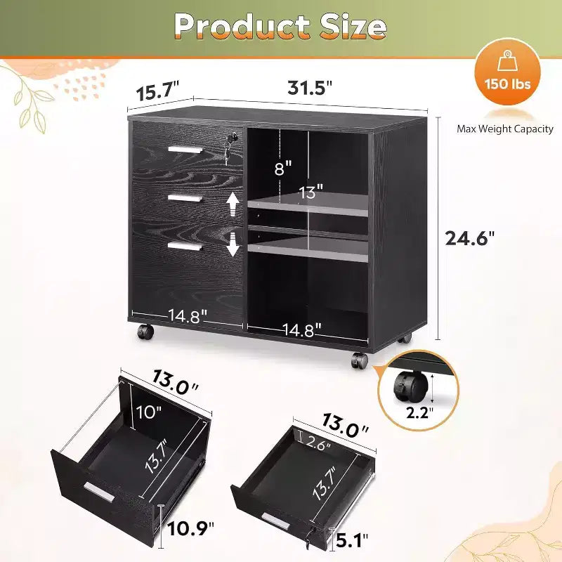 Meuble Classeur Bois à 3 Tiroirs avec Serrure, Armoire de Classement Latérale Mobile