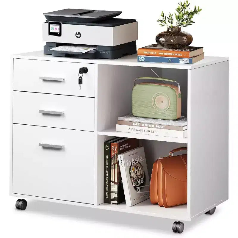 Meuble Classeur Bois à 3 Tiroirs avec Serrure, Armoire de Classement Latérale Mobile