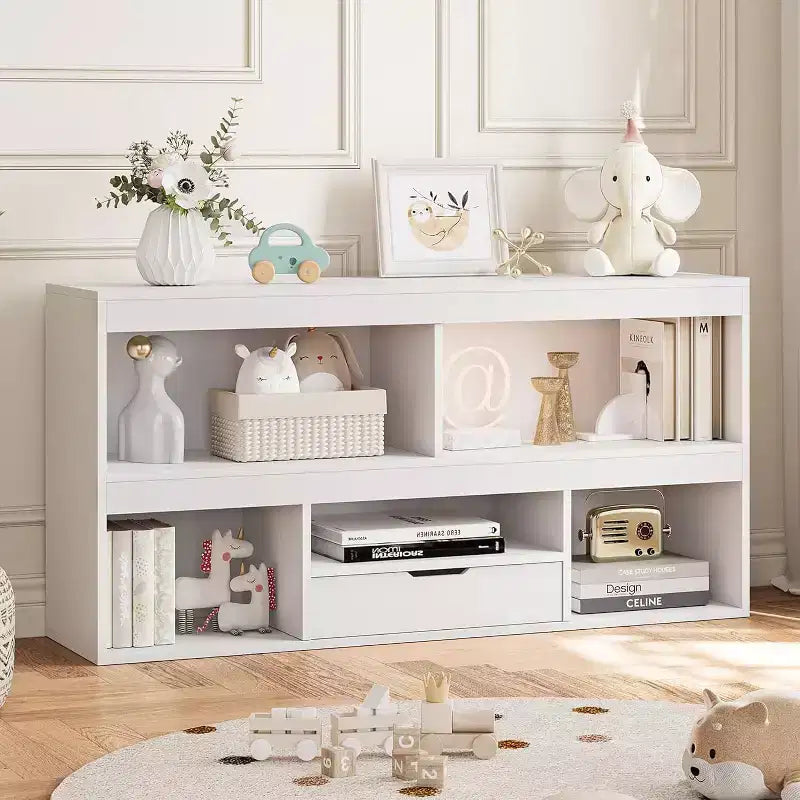 Étagère à Livres et Organisateur de Jouets à 2 Niveaux pour Enfants avec 5 Casiers et 1 Tiroir, Blanc pour Salle de Jeux/Chambre d'Enfants