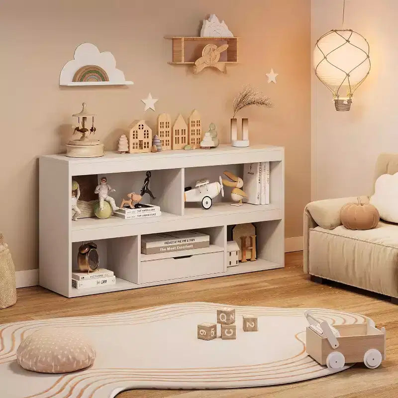 Étagère à Livres et Organisateur de Jouets à 2 Niveaux pour Enfants avec 5 Casiers et 1 Tiroir, Blanc pour Salle de Jeux/Chambre d'Enfants