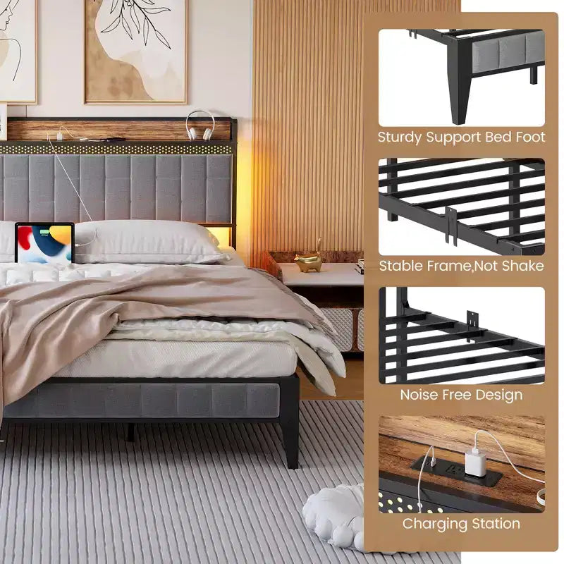Cadre de lit avec tête de lit de rangement | Lumières LED et ports de charge | Pas besoin de sommier | Cadre métallique | Montage facile