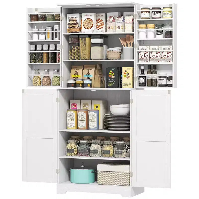 Meuble de cuisine de 72 po pour garde-manger de style ferme, grande armoire de rangement avec 4 portes de grange, 4 étagères réglables, 8 étagères de porte
