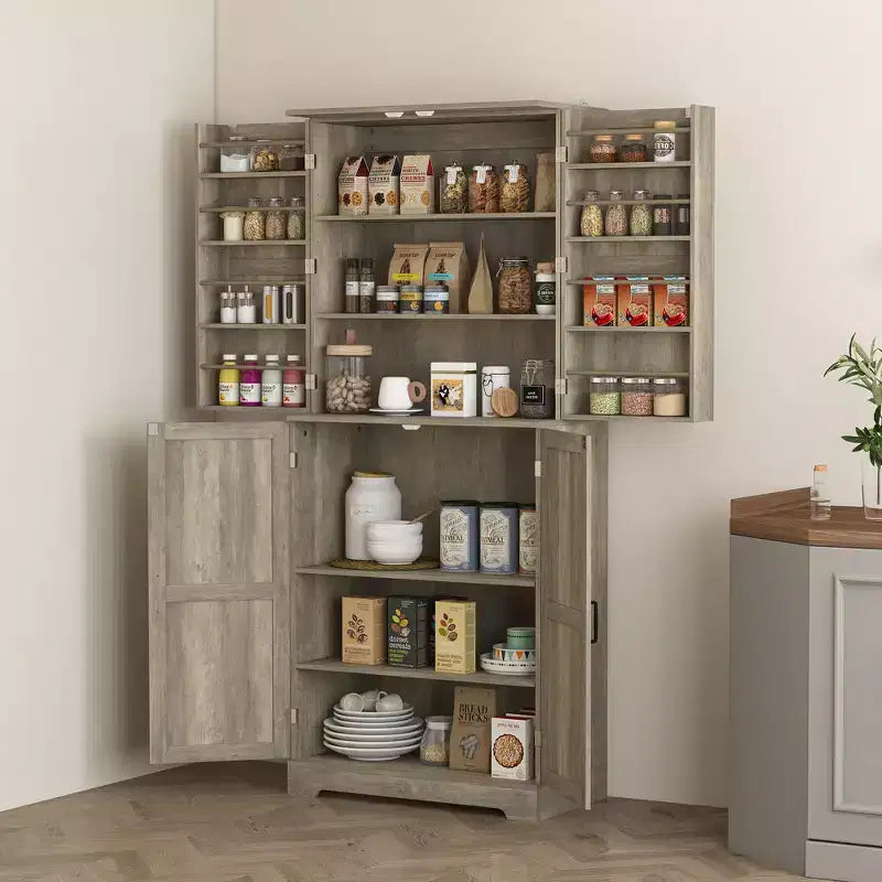 Meuble de cuisine de 72 po pour garde-manger de style ferme, grande armoire de rangement avec 4 portes de grange, 4 étagères réglables, 8 étagères de porte