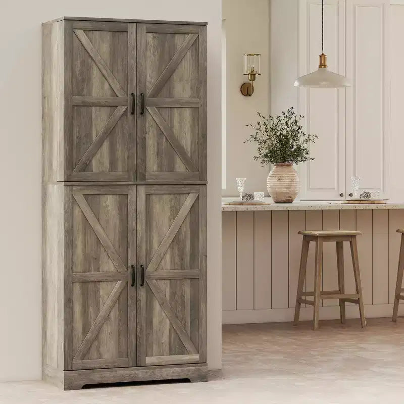 Meuble de cuisine de 72 po pour garde-manger de style ferme, grande armoire de rangement avec 4 portes de grange, 4 étagères réglables, 8 étagères de porte