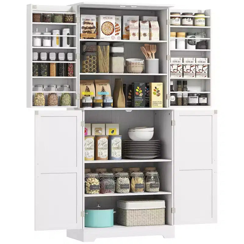 Meuble de cuisine de 72 po pour garde-manger de style ferme, grande armoire de rangement avec 4 portes de grange, 4 étagères réglables, 8 étagères de porte