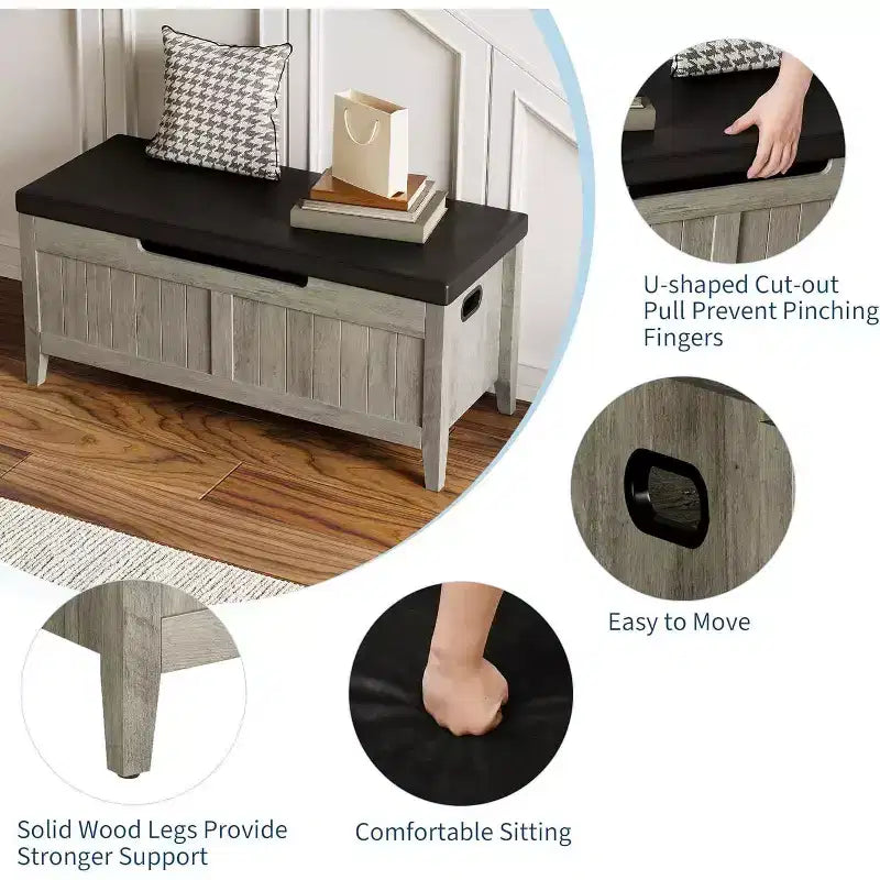 Banc de rangement de 100 cm avec siège rembourré, coffre de rangement en bois avec 2 charnières de sécurité pour entrée, salon, chambre à coucher, montage facile