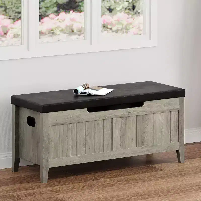 Banc de rangement de 100 cm avec siège rembourré, coffre de rangement en bois avec 2 charnières de sécurité pour entrée, salon, chambre à coucher, montage facile