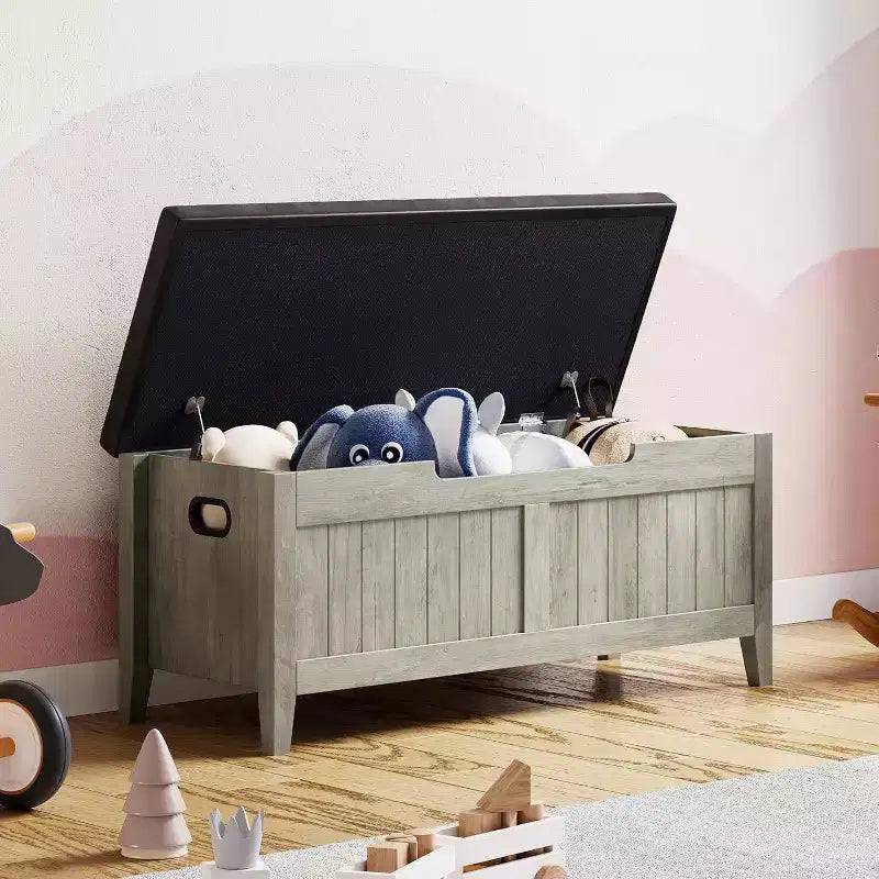 Banc de rangement de 100 cm avec siège rembourré, coffre de rangement en bois avec 2 charnières de sécurité pour entrée, salon, chambre à coucher, montage facile