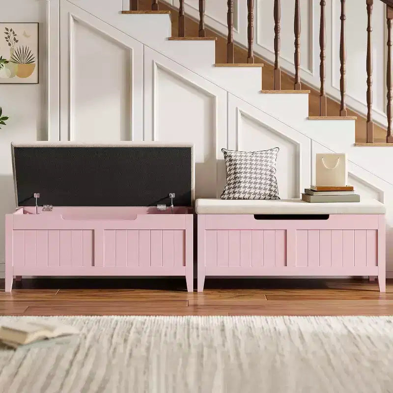 Banc de rangement de 100 cm avec siège rembourré, coffre de rangement en bois avec 2 charnières de sécurité pour entrée, salon, chambre à coucher, montage facile
