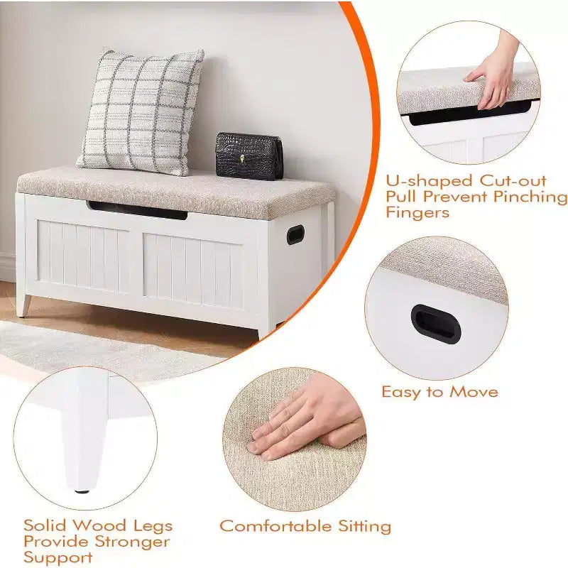 Banc de rangement de 100 cm avec siège rembourré, coffre de rangement en bois avec 2 charnières de sécurité pour entrée, salon, chambre à coucher, montage facile