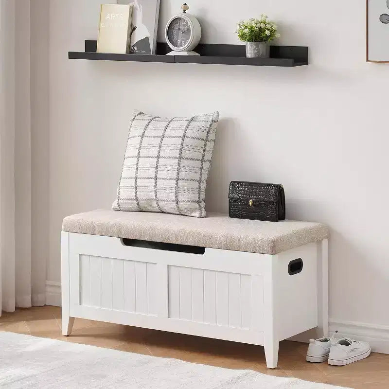 Banc de rangement de 100 cm avec siège rembourré, coffre de rangement en bois avec 2 charnières de sécurité pour entrée, salon, chambre à coucher, montage facile
