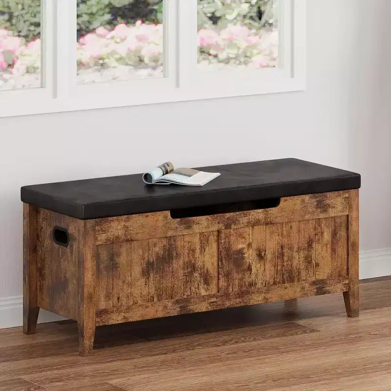 Banc de rangement de 100 cm avec siège rembourré, coffre de rangement en bois avec 2 charnières de sécurité pour entrée, salon, chambre à coucher, montage facile