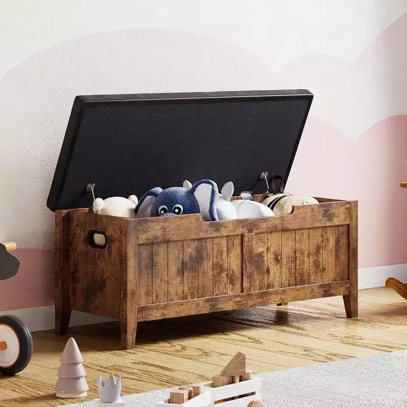 Banc de rangement de 100 cm avec siège rembourré, coffre de rangement en bois avec 2 charnières de sécurité pour entrée, salon, chambre à coucher, montage facile