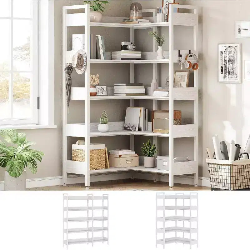 Étagère d'Angle à 5 Niveaux avec Crochets, Bibliothèque en Bois avec Étagères Ouvertes et Cadre Métallique pour Bureau à Domicile