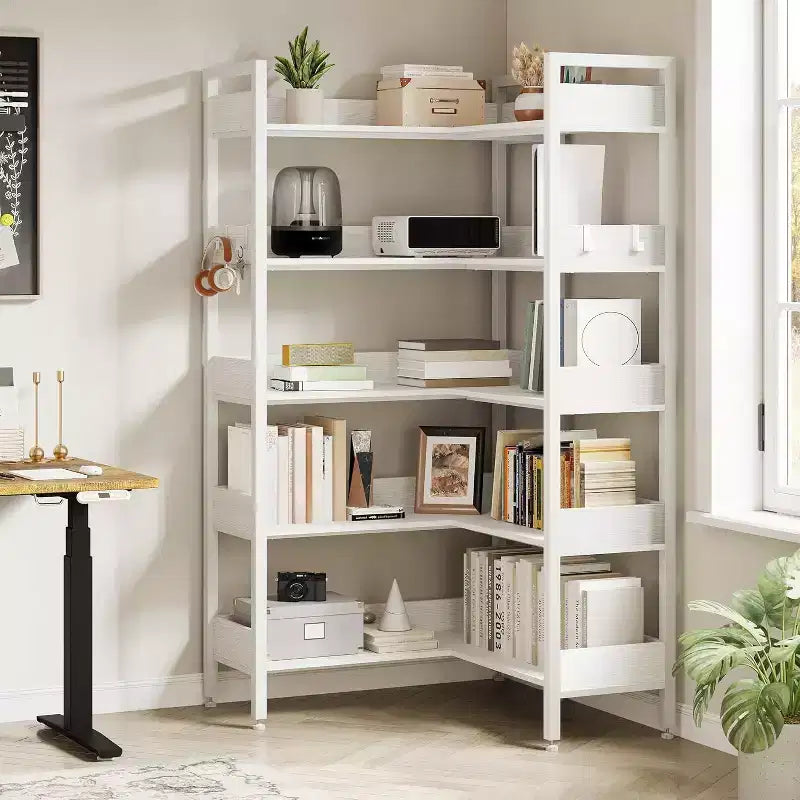 Étagère d'Angle à 5 Niveaux avec Crochets, Bibliothèque en Bois avec Étagères Ouvertes et Cadre Métallique pour Bureau à Domicile