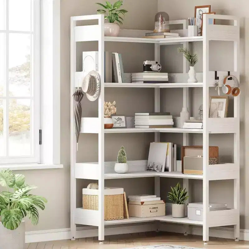 Étagère d'Angle à 5 Niveaux avec Crochets, Bibliothèque en Bois avec Étagères Ouvertes et Cadre Métallique pour Bureau à Domicile