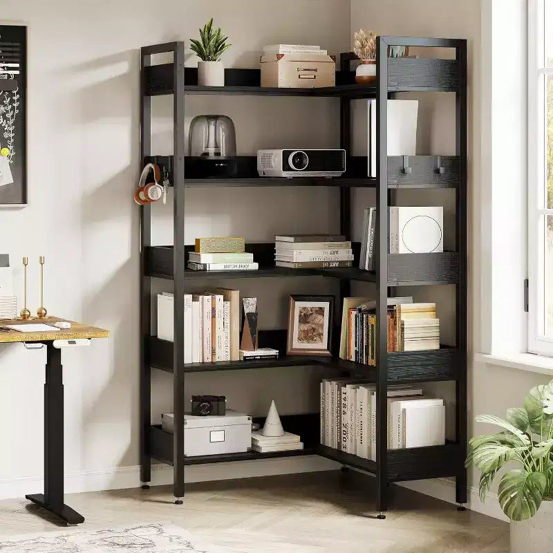 Étagère d'Angle à 5 Niveaux avec Crochets, Bibliothèque en Bois avec Étagères Ouvertes et Cadre Métallique pour Bureau à Domicile