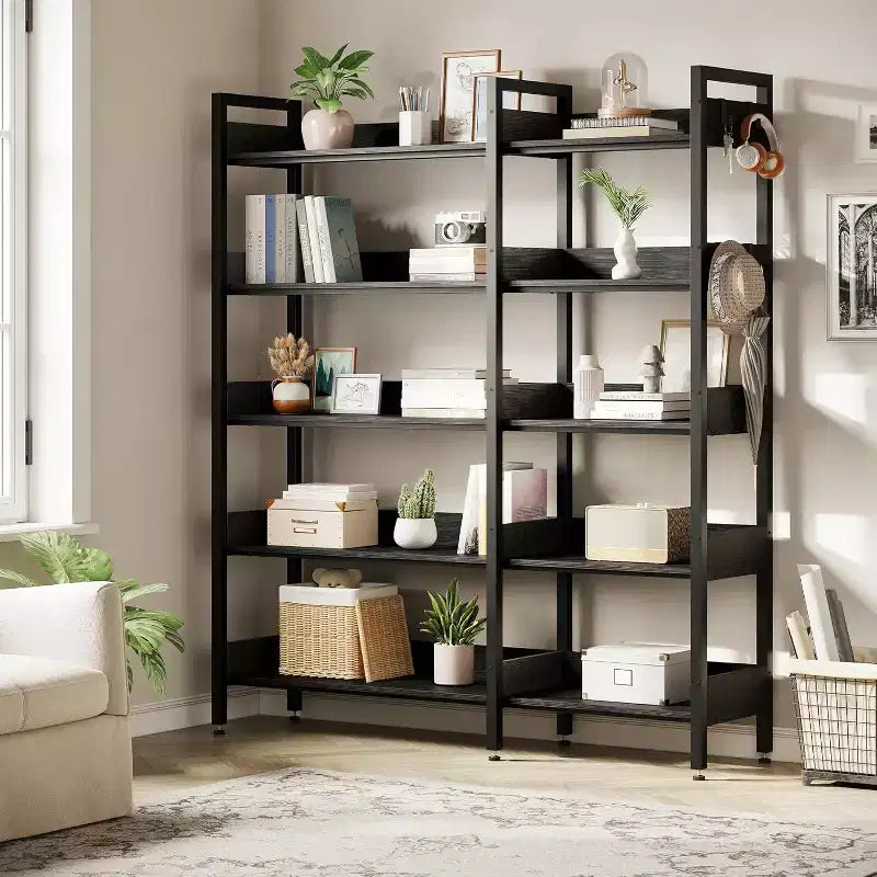 Étagère d'Angle à 5 Niveaux avec Crochets, Bibliothèque en Bois avec Étagères Ouvertes et Cadre Métallique pour Bureau à Domicile