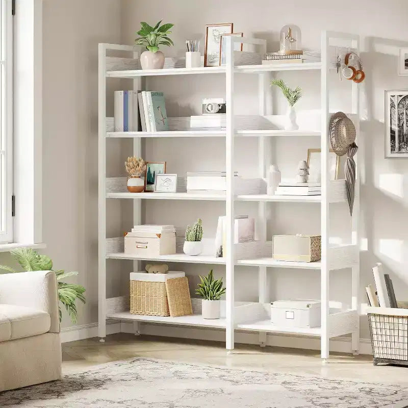 Étagère d'Angle à 5 Niveaux avec Crochets, Bibliothèque en Bois avec Étagères Ouvertes et Cadre Métallique pour Bureau à Domicile