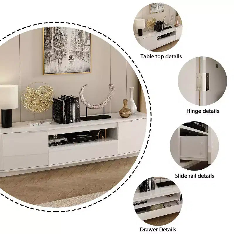 Meuble TV Blanc Brillant à Angles Arrondis - Meuble Console Multimédia Moderne pour Salon