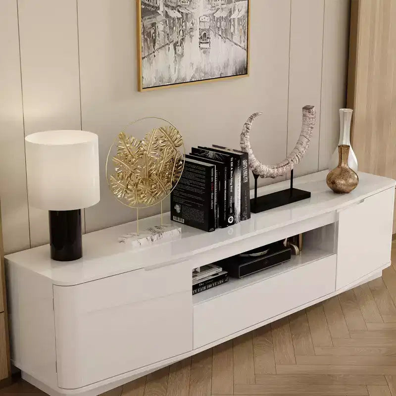 Meuble TV Blanc Brillant à Angles Arrondis - Meuble Console Multimédia Moderne pour Salon