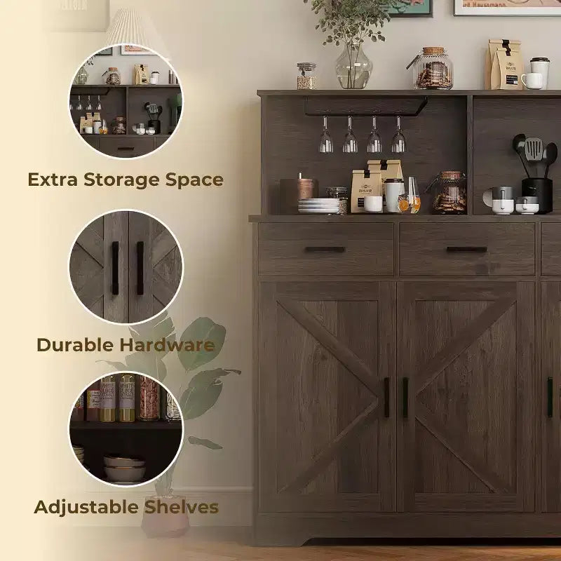 Meuble buffet de style rustique avec support pour micro-ondes, armoire de rangement avec portes coulissantes, tiroirs et étagères réglables, meuble bar à café en bois