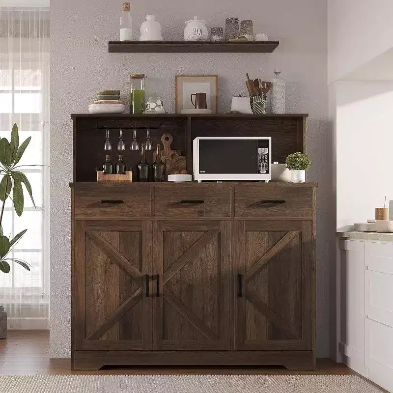 Meuble buffet de style rustique avec support pour micro-ondes, armoire de rangement avec portes coulissantes, tiroirs et étagères réglables, meuble bar à café en bois