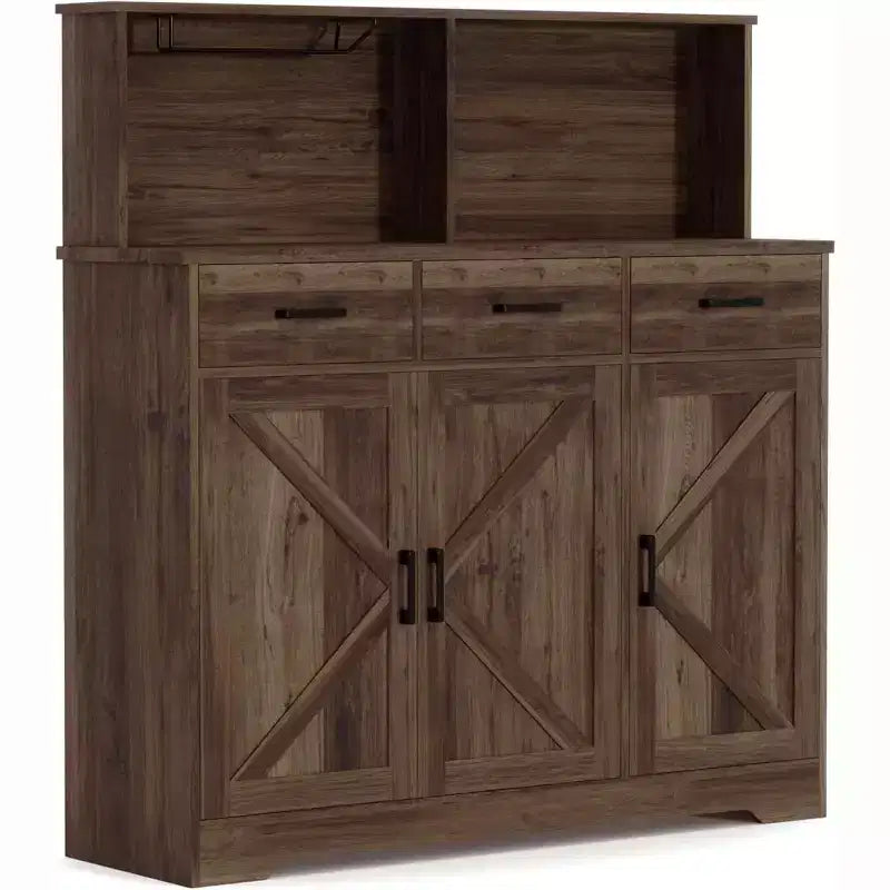 Meuble buffet de style rustique avec support pour micro-ondes, armoire de rangement avec portes coulissantes, tiroirs et étagères réglables, meuble bar à café en bois