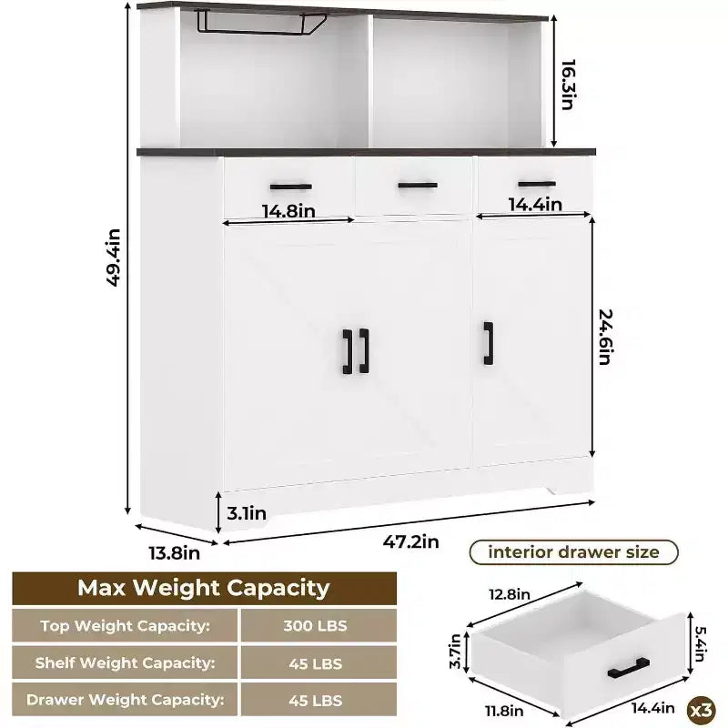 Meuble buffet de style rustique avec support pour micro-ondes, armoire de rangement avec portes coulissantes, tiroirs et étagères réglables, meuble bar à café en bois
