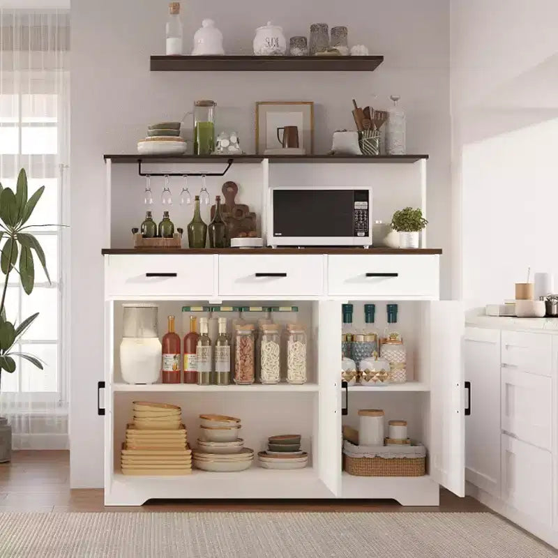 Meuble buffet de style rustique avec support pour micro-ondes, armoire de rangement avec portes coulissantes, tiroirs et étagères réglables, meuble bar à café en bois
