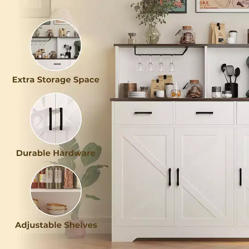Meuble buffet de style rustique avec support pour micro-ondes, armoire de rangement avec portes coulissantes, tiroirs et étagères réglables, meuble bar à café en bois