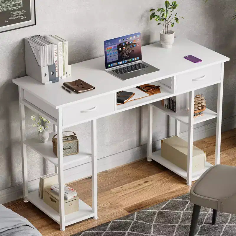 Bureau informatique avec rangement, Petite table de travail pour bureau à domicile avec sac latéral en tissu et crochet pour casque, Cadre métallique (120 x 40 x 77,7 cm)