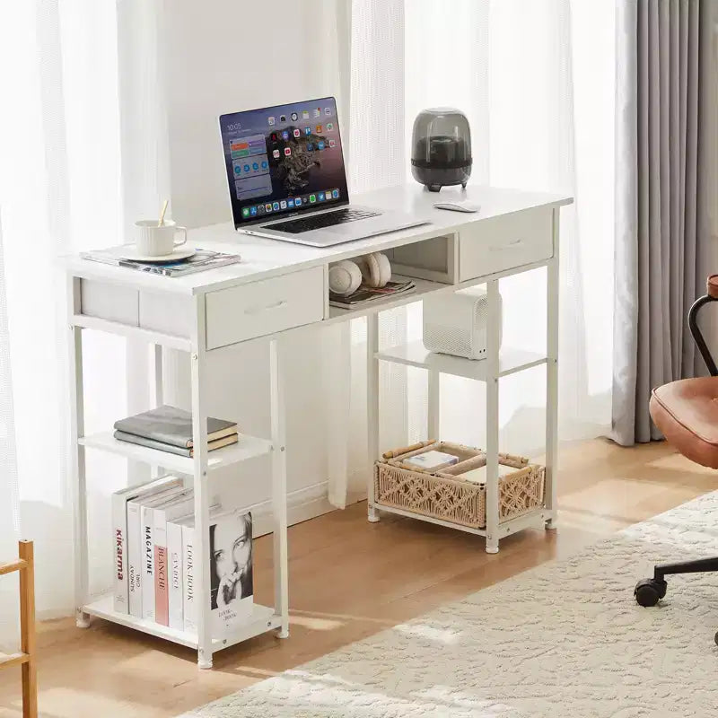 Bureau informatique avec rangement, Petite table de travail pour bureau à domicile avec sac latéral en tissu et crochet pour casque, Cadre métallique (120 x 40 x 77,7 cm)