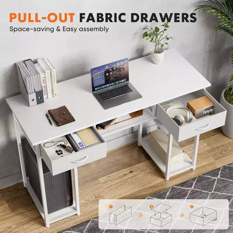 Bureau informatique avec rangement, Petite table de travail pour bureau à domicile avec sac latéral en tissu et crochet pour casque, Cadre métallique (120 x 40 x 77,7 cm)