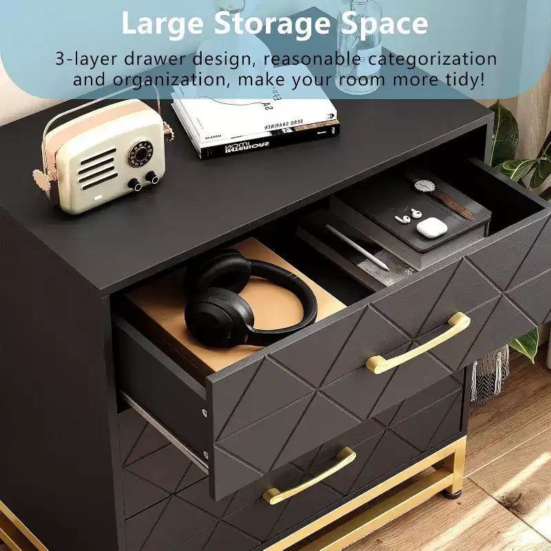 Commode de chambre à 3 tiroirs, commode moderne, avec tiroirs larges et poignées métalliques, commode en bois