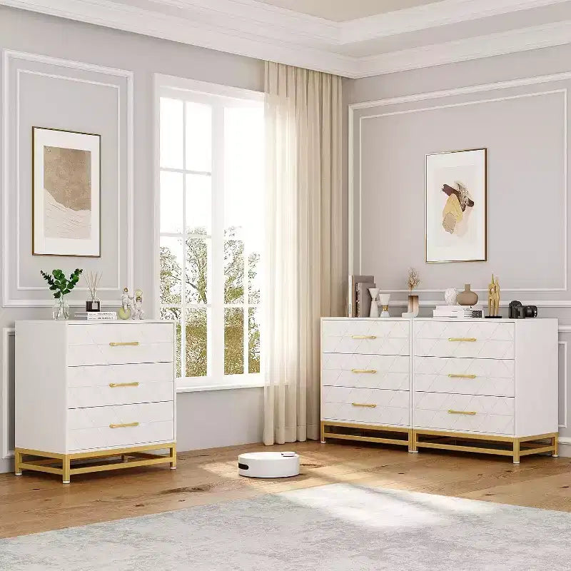 Commode de chambre à 3 tiroirs, commode moderne, avec tiroirs larges et poignées métalliques, commode en bois