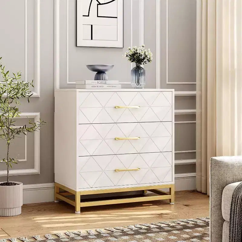 Commode de chambre à 3 tiroirs, commode moderne, avec tiroirs larges et poignées métalliques, commode en bois