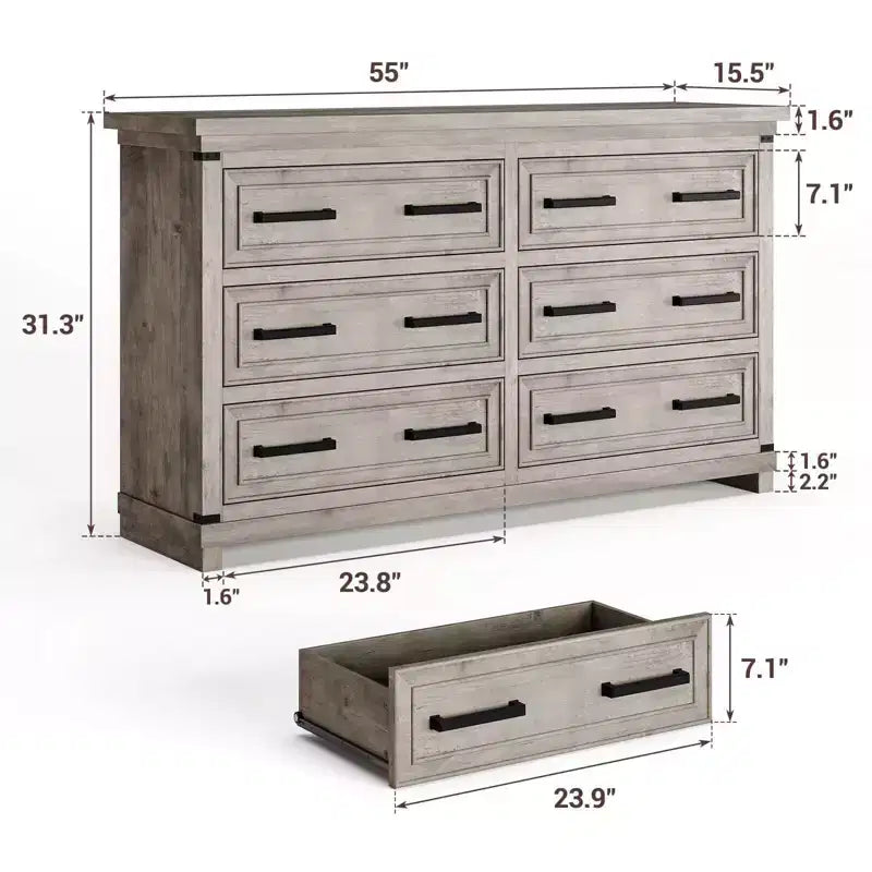Commode Vintage 55, Organisateurs de Commode avec 6 Tiroirs et Poignées pour Salon, Chambre, Couloir, Texture Naturelle Design