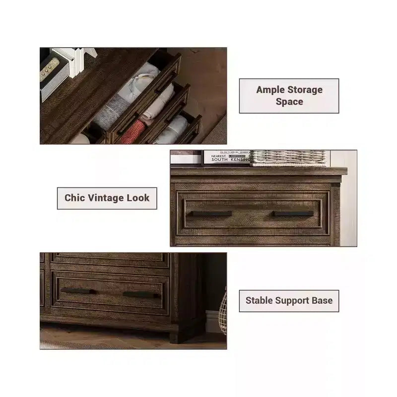 Commode Vintage 55, Organisateurs de Commode avec 6 Tiroirs et Poignées pour Salon, Chambre, Couloir, Texture Naturelle Design