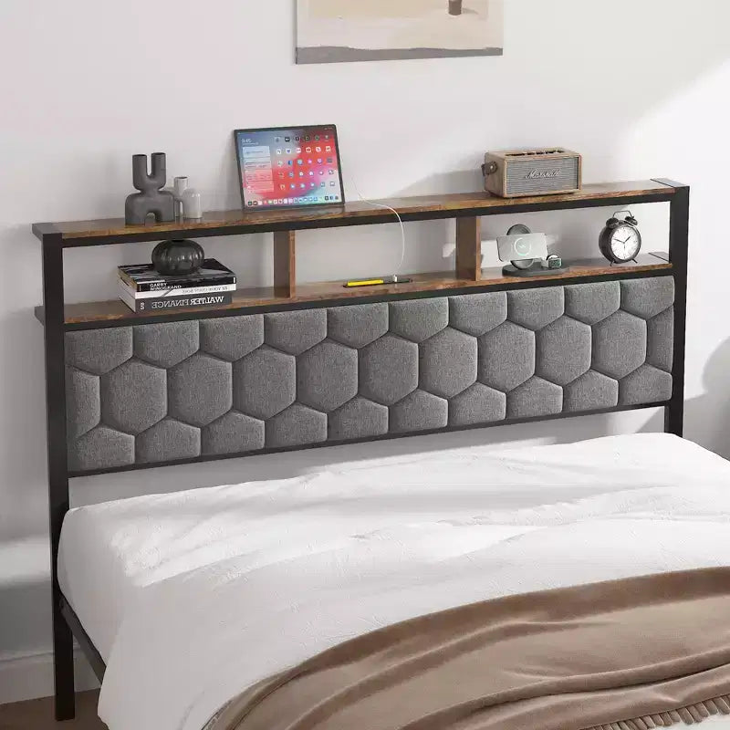 Cadre de lit plateforme en bois double/grand lit/très grand lit avec tête de lit capitonnée, 2 ports USB, grand espace de rangement sous le lit, silencieux, sommier tapissier non requis, marron