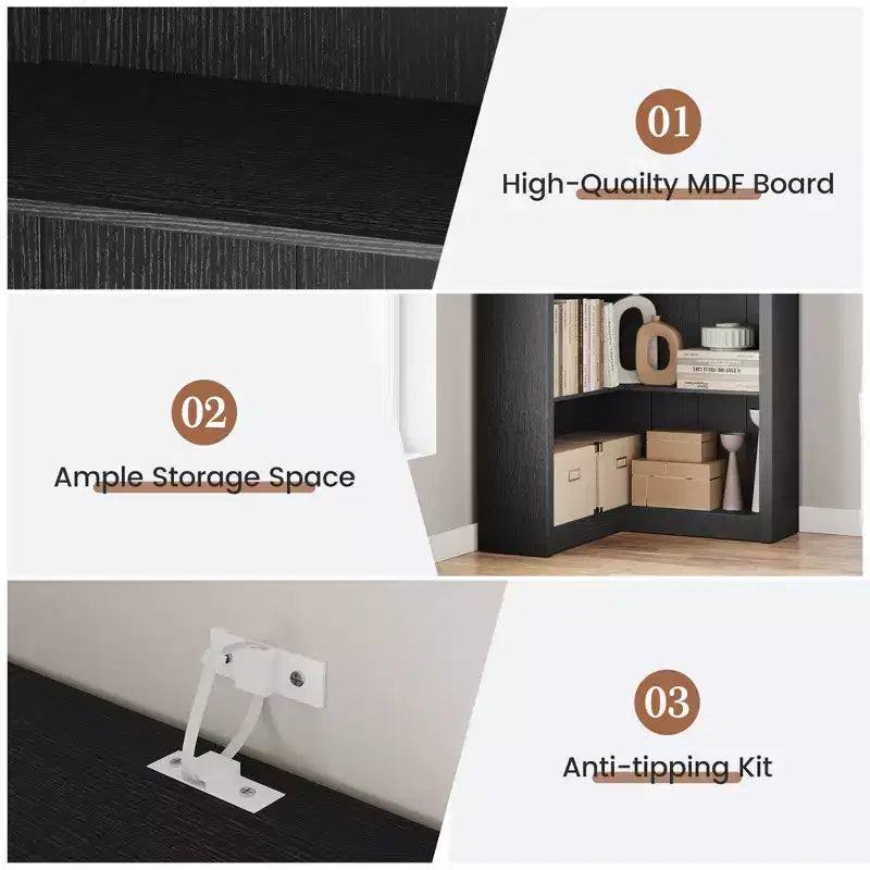 71,8'' Bibliothèque d'Angle, Bibliothèque de Ferme, Étagère à Livres en Forme de L, Étagère de Présentation à 5 Niveaux, Bibliothèques Robustes avec Rangement pour Bureau et Salon