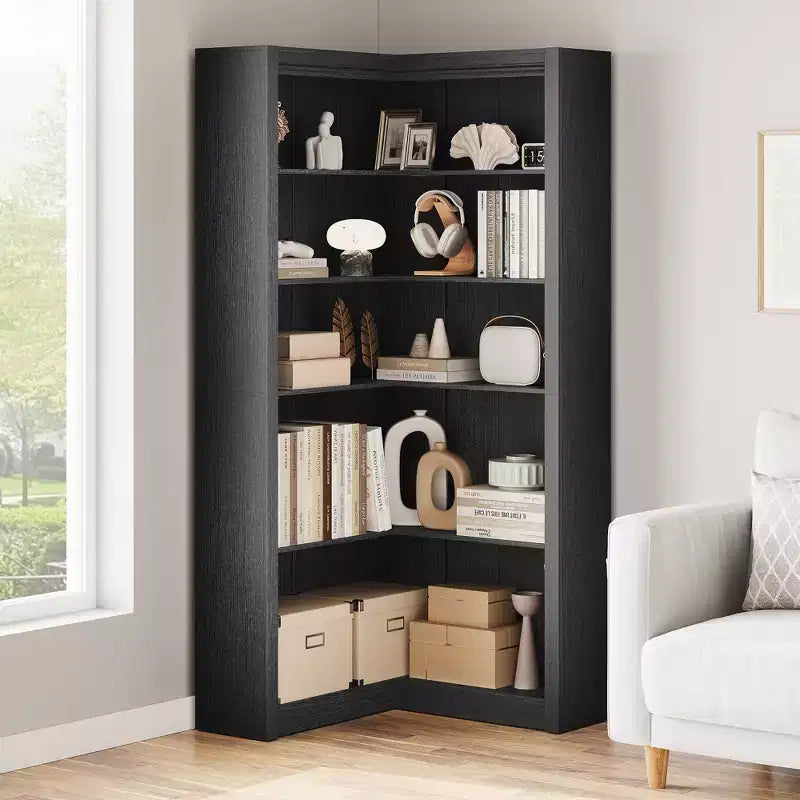 71,8'' Bibliothèque d'Angle, Bibliothèque de Ferme, Étagère à Livres en Forme de L, Étagère de Présentation à 5 Niveaux, Bibliothèques Robustes avec Rangement pour Bureau et Salon
