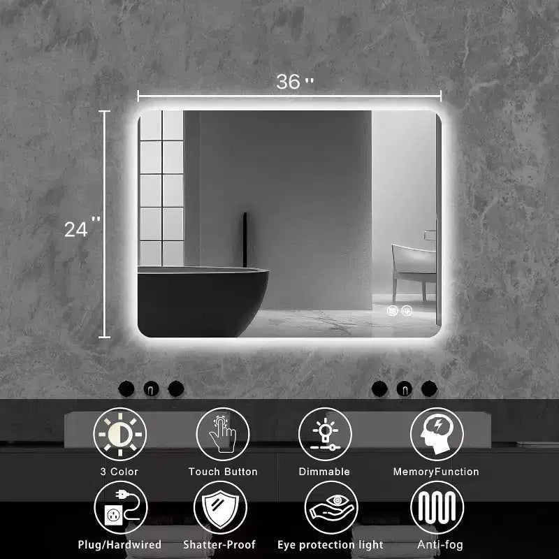 Miroir de salle de bain rectangulaire rétroéclairé 24 x 36