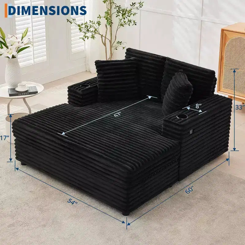 Canapé confortable en velours côtelé avec station de recharge, porte-gobelets et coussins pour salon, chambre et appartements